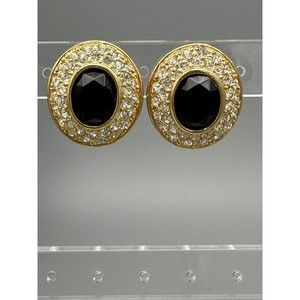 Gold Clear Rhinestones and Black stud earrings signed Roman